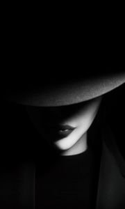 Preview wallpaper girl, hat, bw, dark, shadows