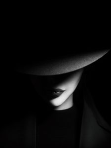 Preview wallpaper girl, hat, bw, dark, shadows