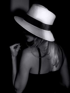 Preview wallpaper girl, hat, bw, shadow