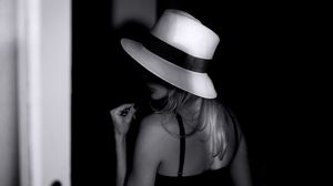 Preview wallpaper girl, hat, bw, shadow