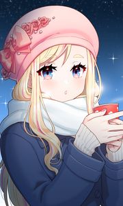 Preview wallpaper girl, hat, coffee, cup, winter, anime