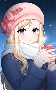 Preview wallpaper girl, hat, coffee, cup, winter, anime