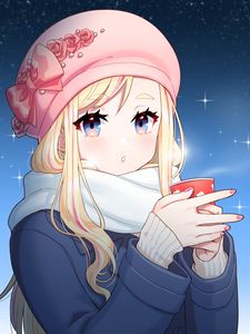 Preview wallpaper girl, hat, coffee, cup, winter, anime