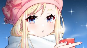 Preview wallpaper girl, hat, coffee, cup, winter, anime