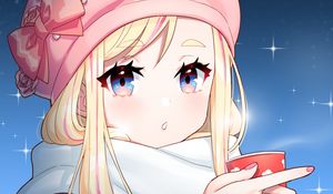 Preview wallpaper girl, hat, coffee, cup, winter, anime