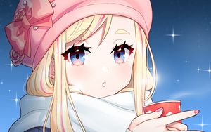 Preview wallpaper girl, hat, coffee, cup, winter, anime
