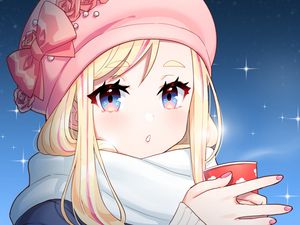 Preview wallpaper girl, hat, coffee, cup, winter, anime