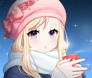 Preview wallpaper girl, hat, coffee, cup, winter, anime