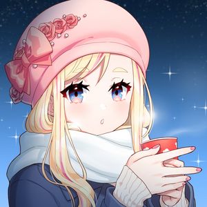 Preview wallpaper girl, hat, coffee, cup, winter, anime