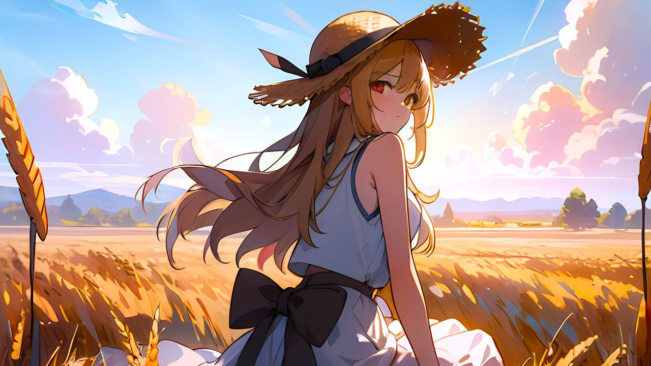 Wallpaper girl, hat, dress, field, anime