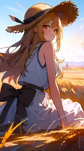 Preview wallpaper girl, hat, dress, field, anime