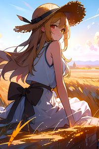Preview wallpaper girl, hat, dress, field, anime