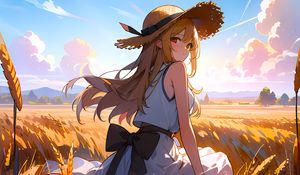 Preview wallpaper girl, hat, dress, field, anime