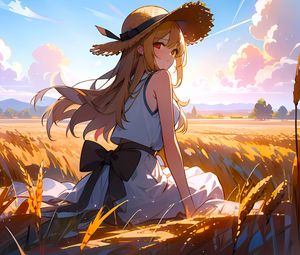Preview wallpaper girl, hat, dress, field, anime