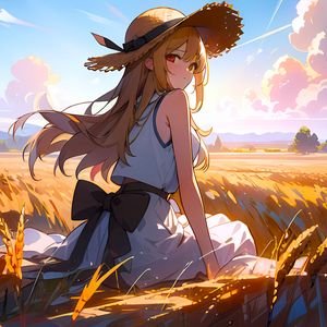 Preview wallpaper girl, hat, dress, field, anime