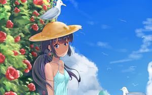 Preview wallpaper girl, hat, dress, bird, anime