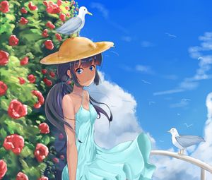 Preview wallpaper girl, hat, dress, bird, anime