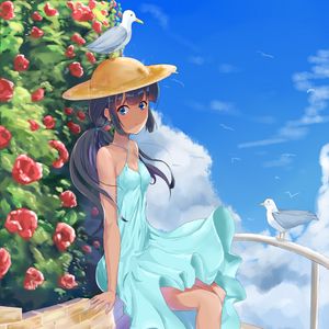 Preview wallpaper girl, hat, dress, bird, anime