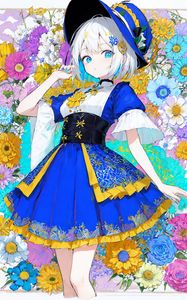 Preview wallpaper girl, hat, dress, pose, flowers, anime