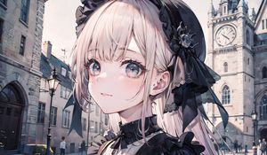 Preview wallpaper girl, hat, dress, anime, street
