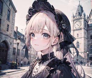 Preview wallpaper girl, hat, dress, anime, street