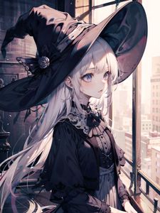 Preview wallpaper girl, hat, dress, window, anime
