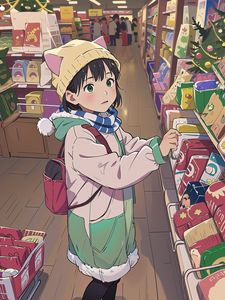 Preview wallpaper girl, hat, ears, backpack, shop, anime