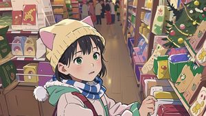 Preview wallpaper girl, hat, ears, backpack, shop, anime