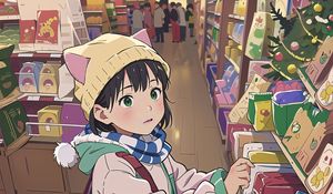 Preview wallpaper girl, hat, ears, backpack, shop, anime