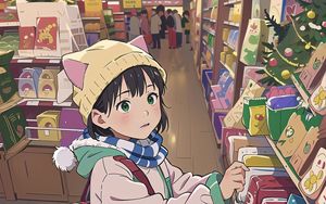 Preview wallpaper girl, hat, ears, backpack, shop, anime