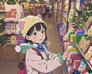 Preview wallpaper girl, hat, ears, backpack, shop, anime