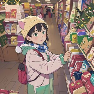 Preview wallpaper girl, hat, ears, backpack, shop, anime