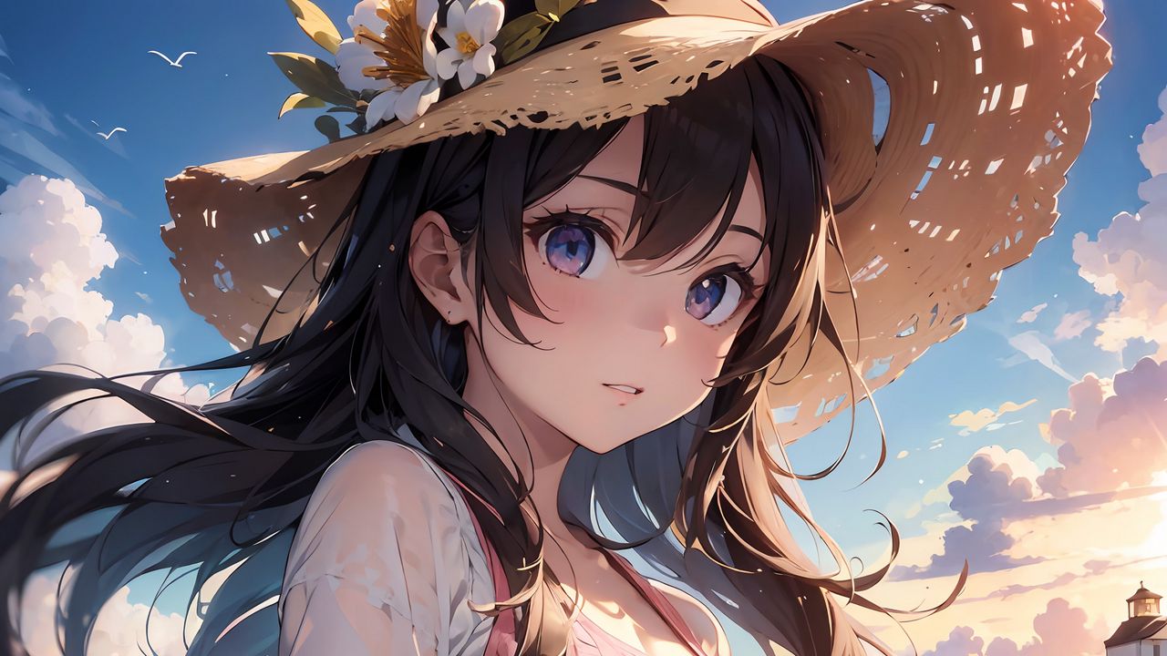 Wallpaper girl, hat, flowers, sea, summer, anime