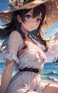 Preview wallpaper girl, hat, flowers, sea, summer, anime