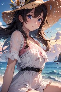 Preview wallpaper girl, hat, flowers, sea, summer, anime