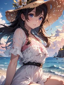 Preview wallpaper girl, hat, flowers, sea, summer, anime