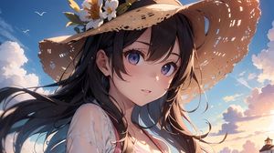 Preview wallpaper girl, hat, flowers, sea, summer, anime