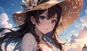 Preview wallpaper girl, hat, flowers, sea, summer, anime