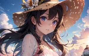 Preview wallpaper girl, hat, flowers, sea, summer, anime