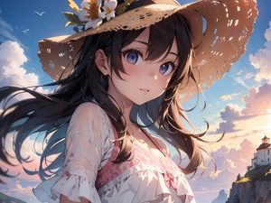 Preview wallpaper girl, hat, flowers, sea, summer, anime