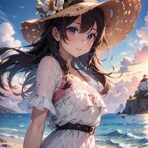 Preview wallpaper girl, hat, flowers, sea, summer, anime