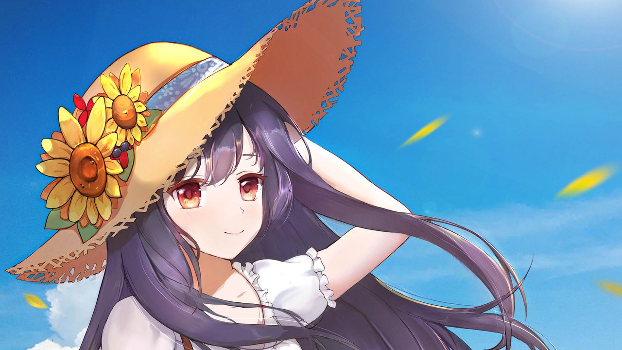 Wallpaper girl, hat, flowers, summer, anime