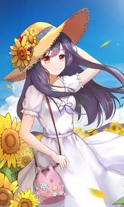 Preview wallpaper girl, hat, flowers, summer, anime
