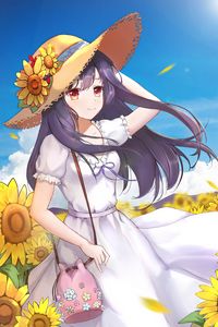 Preview wallpaper girl, hat, flowers, summer, anime