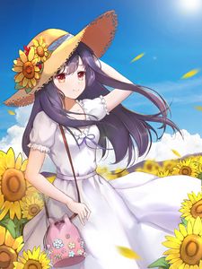 Preview wallpaper girl, hat, flowers, summer, anime