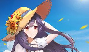 Preview wallpaper girl, hat, flowers, summer, anime