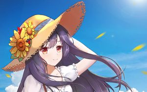 Preview wallpaper girl, hat, flowers, summer, anime