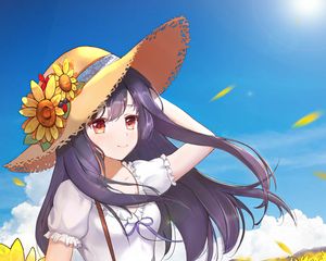 Preview wallpaper girl, hat, flowers, summer, anime