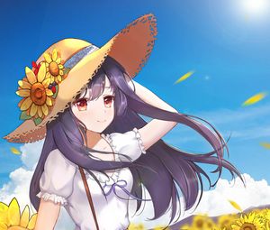 Preview wallpaper girl, hat, flowers, summer, anime