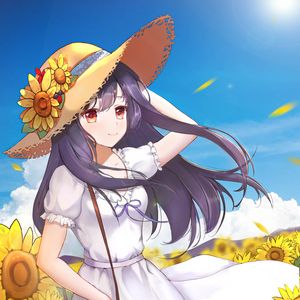 Preview wallpaper girl, hat, flowers, summer, anime